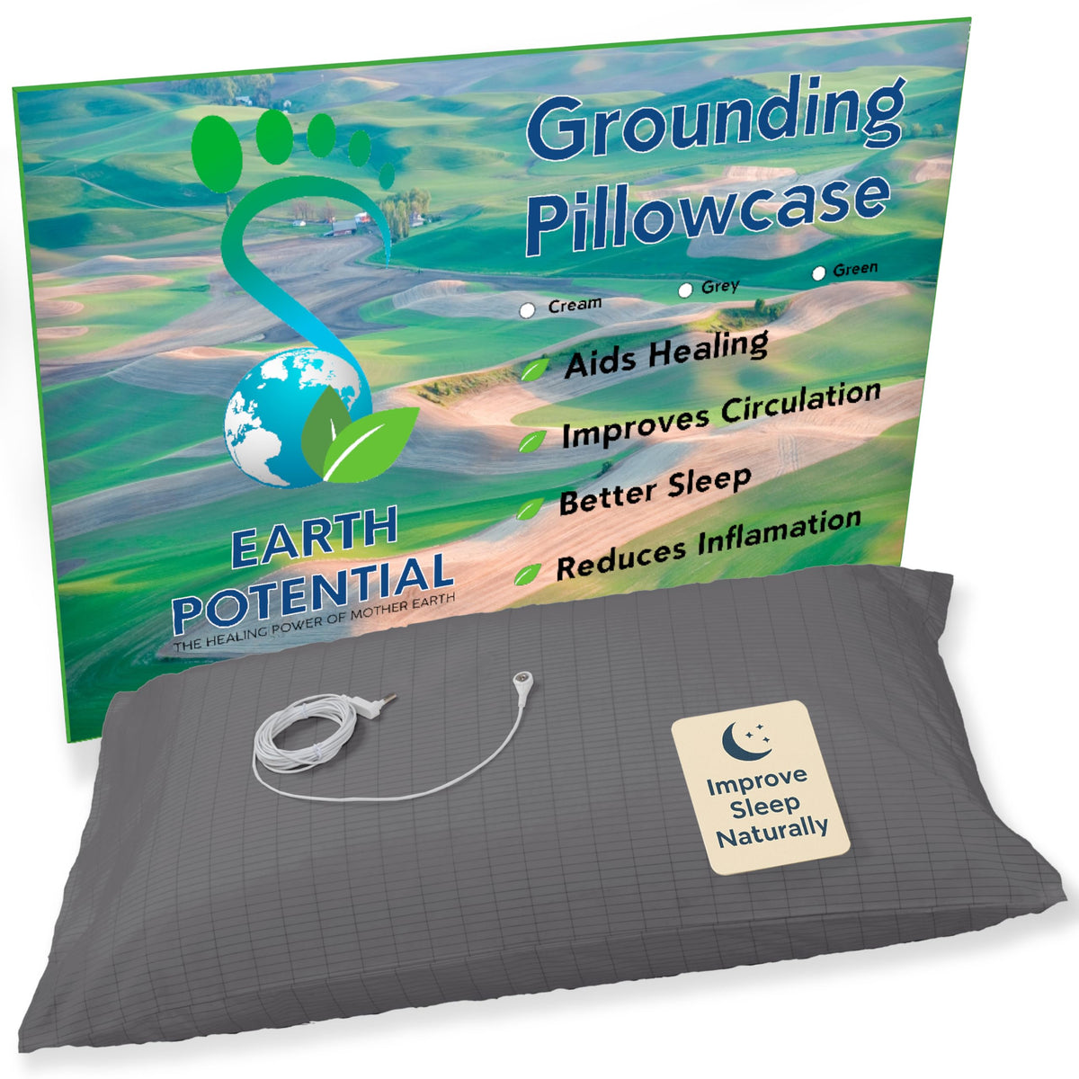 Earthing Grounding Pillowcase in Gray – Made from 95% Cotton and 5% Soft Silver Thread to fit a Standard 20” x 30” US Pillow - Supplied Complete with a 15ft grounding Cord, by Earth Potential