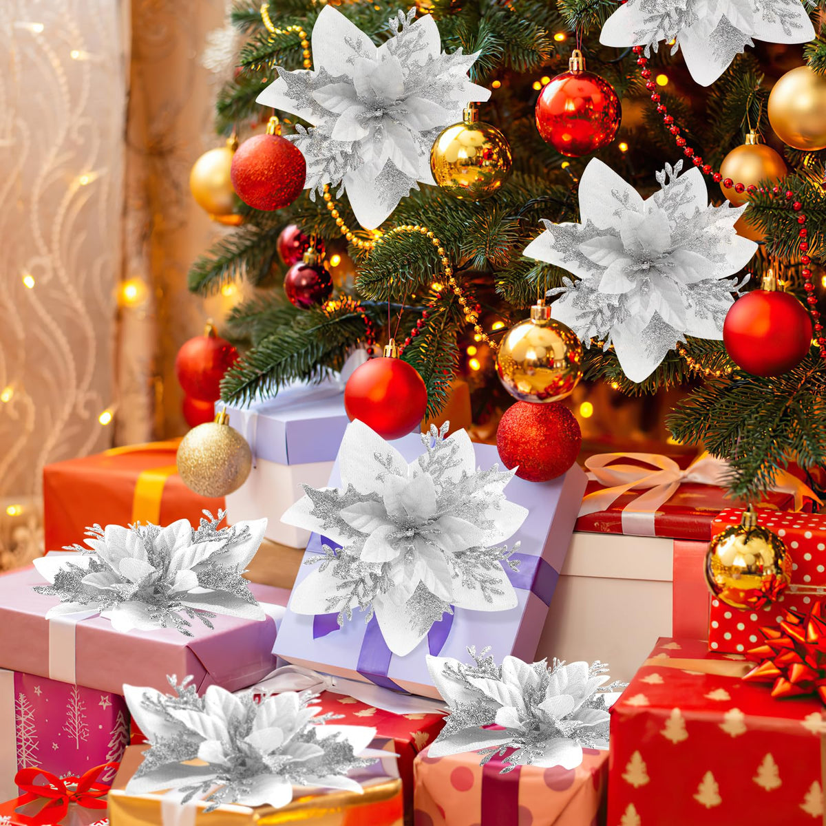 14PCS Christmas Tree Decorations Poinsettias Artificial Flowers-5.5“ Glitter Poinsettia Artificial Flowers with 14pcs Clips Glitter Poinsettia Christmas Ornaments for Xmas Party Ornaments and Decor