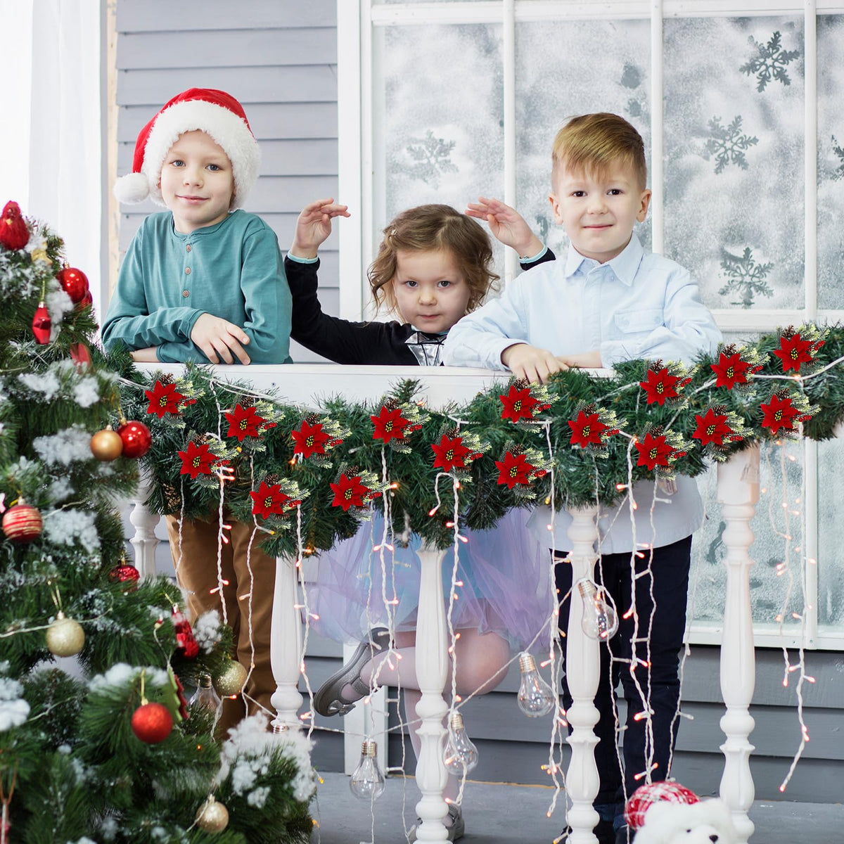 Yuxung 4 Pcs 13.4 Inch Red Poinsettia Artificial Christmas Flowers Bouquet with Pine Cone Red Berry Pine Needle Artificial Plants Christmas Decor for Craft Xmas Tree Garland Home Indoor Outdoor