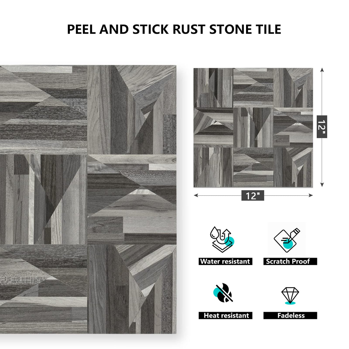 Midcard 10-Sheet Peel and Stick PVC Backsplash Tile, Black Grey Wood Triangle Puzzle