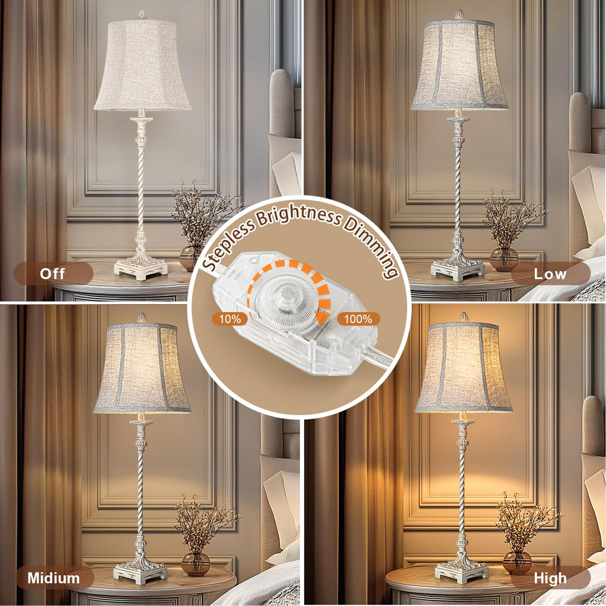 LuxSight European Country Vintage Style Candle Stick Buffet Table Lamps Set of 2, 33'' Tall Ivory White Linen Fabric Soft Bell Shade Stepless Dimming for Living Room Bedroom Dinning House Study Room