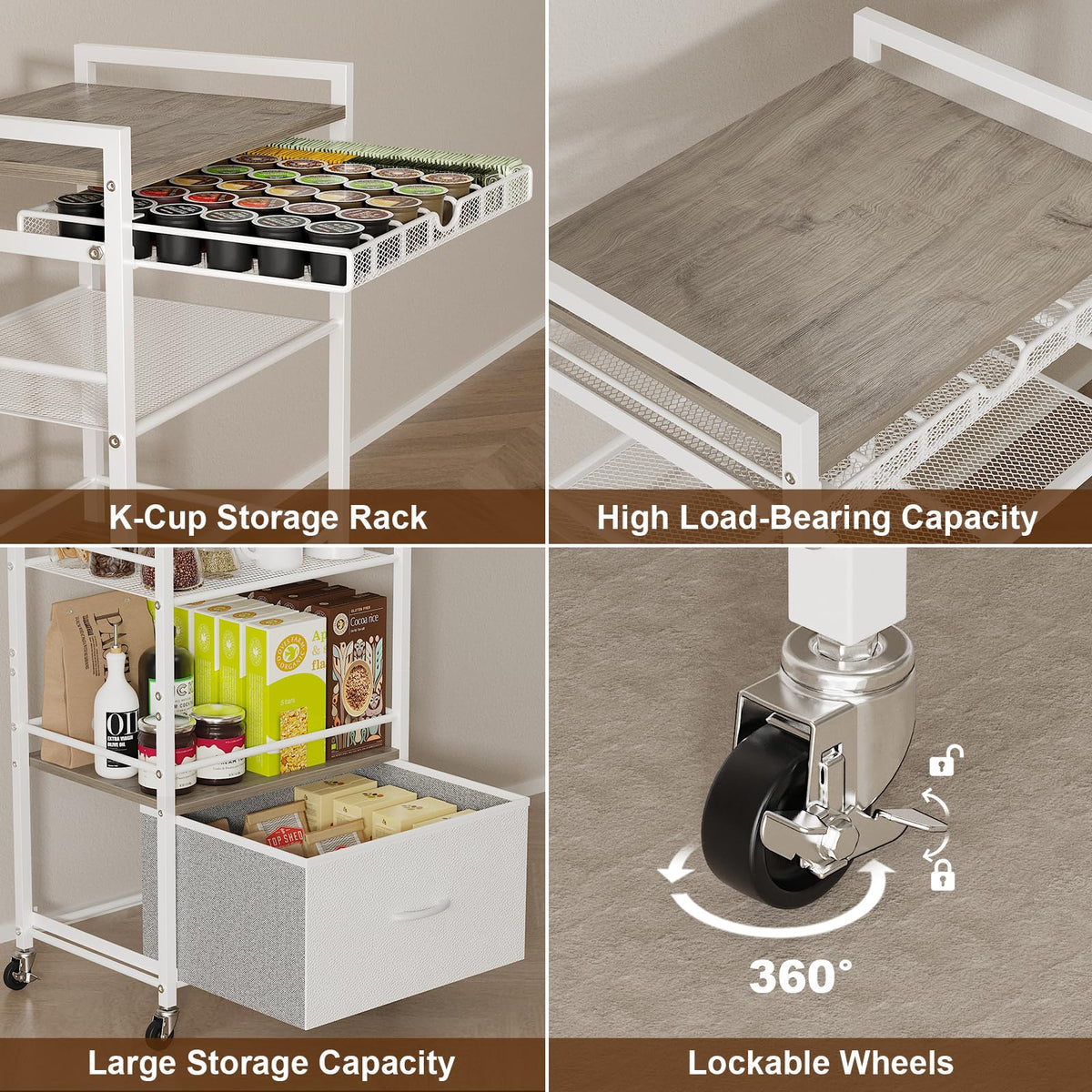 Coffee Bar Cabinet with Storage，5 Tier Coffee Station Table on Wheels, 33.6" H Cart with Drawer for Home Kitchen, Liquor Buffet Sideboard Cabinet (Modern White)