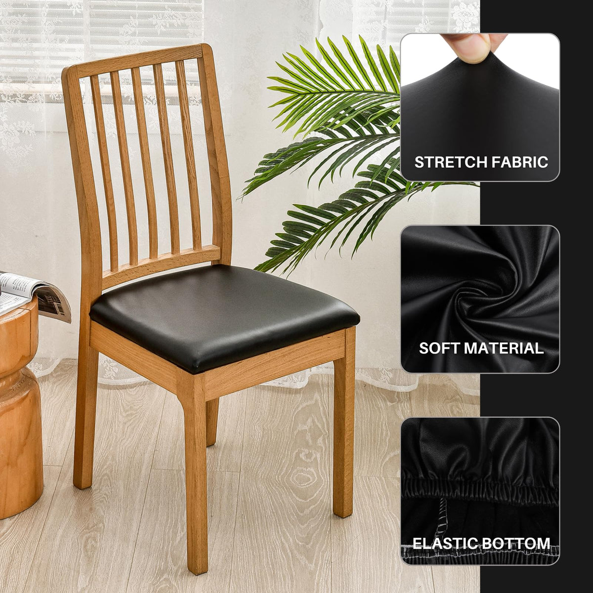 SearchI Waterproof PU Leather Seat Covers for Dining Chairs, 6 Pack Stretch Dining Room Chair Seat Covers, Kitchen Chair Seat Covers Protectors (Black)