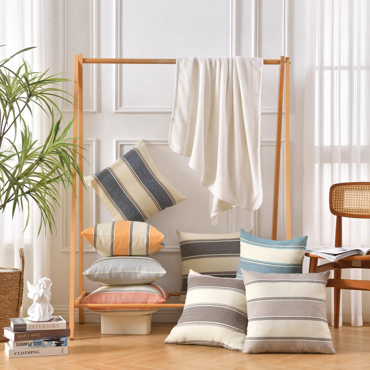 AmHoo Pack of 2 Farmhouse Linen Throw Pillow Cover Cushion Stripe Decoration Buffalo Retro Pillowcase with Hidden Zipper for Sofa Bedroom Car 16 x 16 Inch Yellow