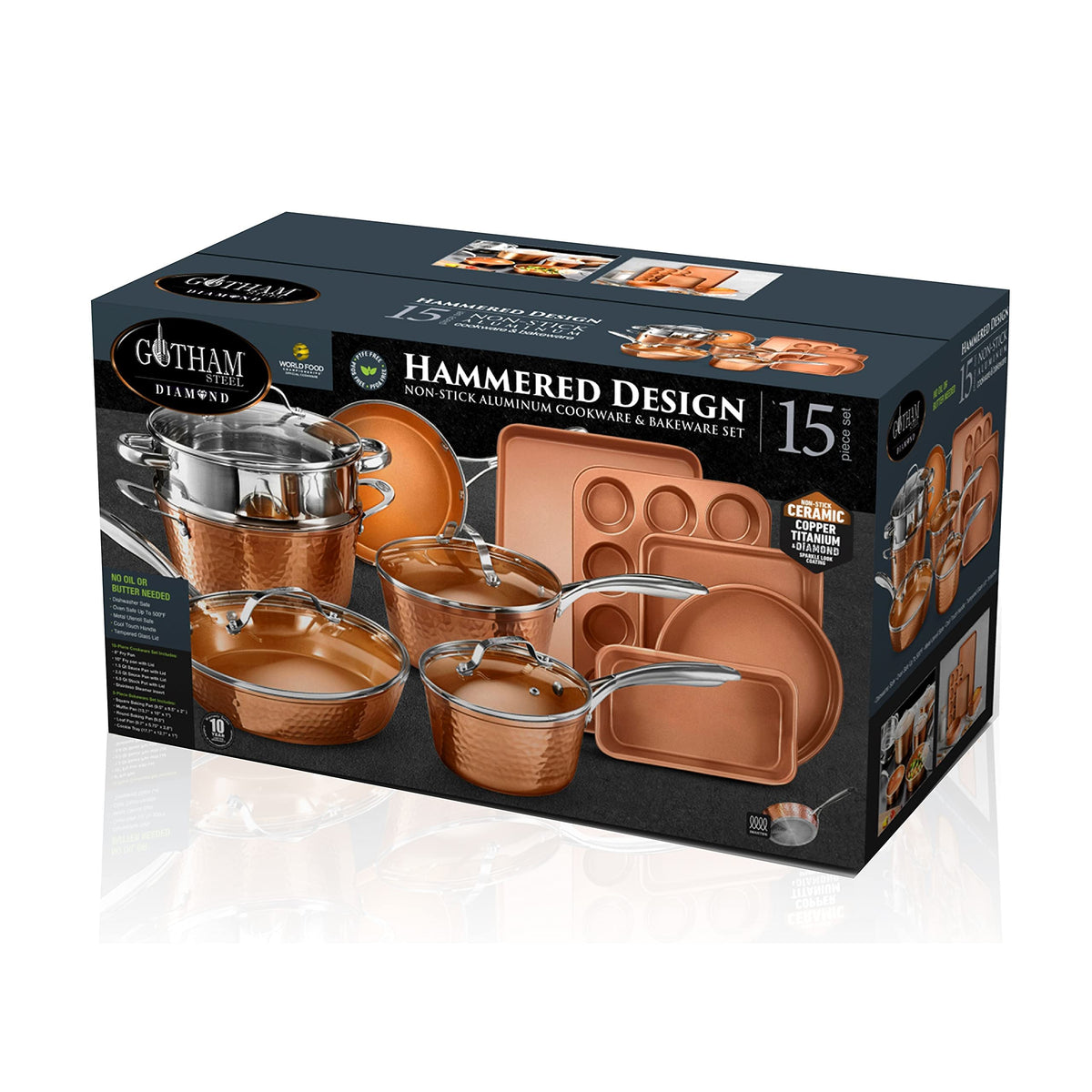 Gotham Steel Hammered 15 Pc Ceramic Cookware Set Nonstick, Deep Copper Pots and Pans Set Non Stick with Bakeware & Deep Fry Pan, Non Toxic PFOA PFOS Free, Induction Oven and Dishwasher Safe