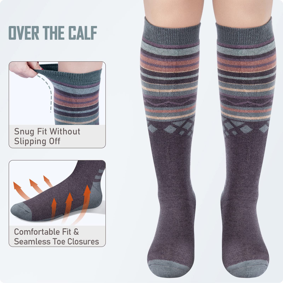 OutdoorMaster Ski Socks 3-Pack Merino Wool, Over The Calf Non-Slip Cuff for Men & Women, Black Blue Grey, M