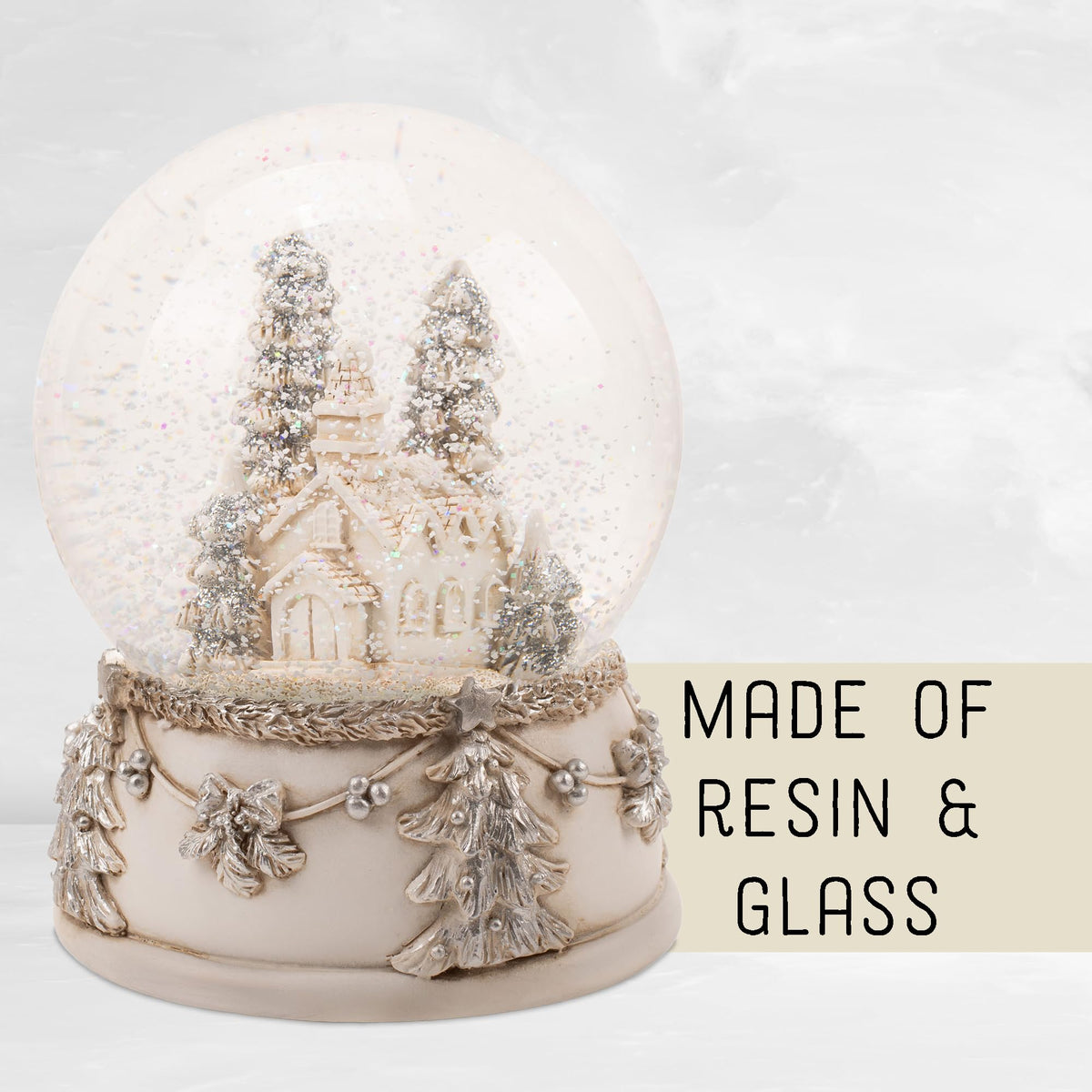 NAT & Jules Beautiful Snowy Church & Pine Tree Scene 6 x 4 inch Musical Glitter Snow Globe: Plays Tune We Wish You A Merry Christmas - Perfect Accent Décor for The Holidays or Everyday, Church Scene