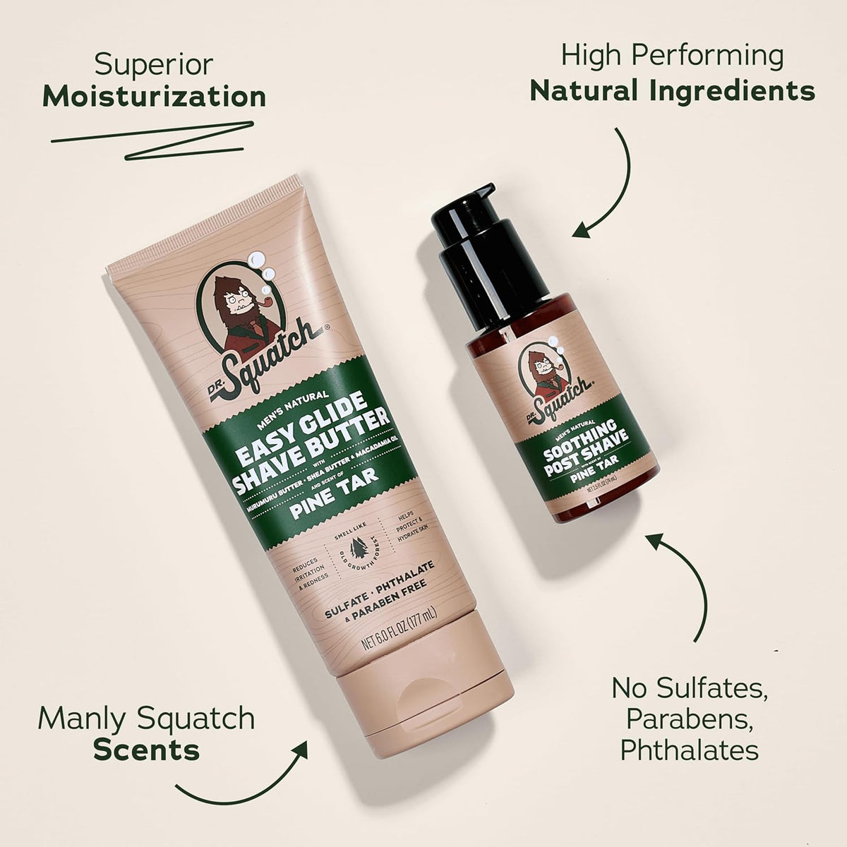 Dr. Squatch Pine Tar Smooth Shave Bundle - Easy Glide Butter + Soothing Post Shave - Natural Ingredients - Manly Fragrance - Moisturizing