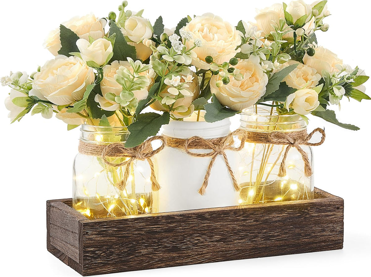 Mkono Mason Jar Lights Centerpiece Table Decor for Dining Room Farmhouse Wood Tray with 3 Jars Flowers Summer Decoration for Coffee Table Kitchen Living Room Wedding