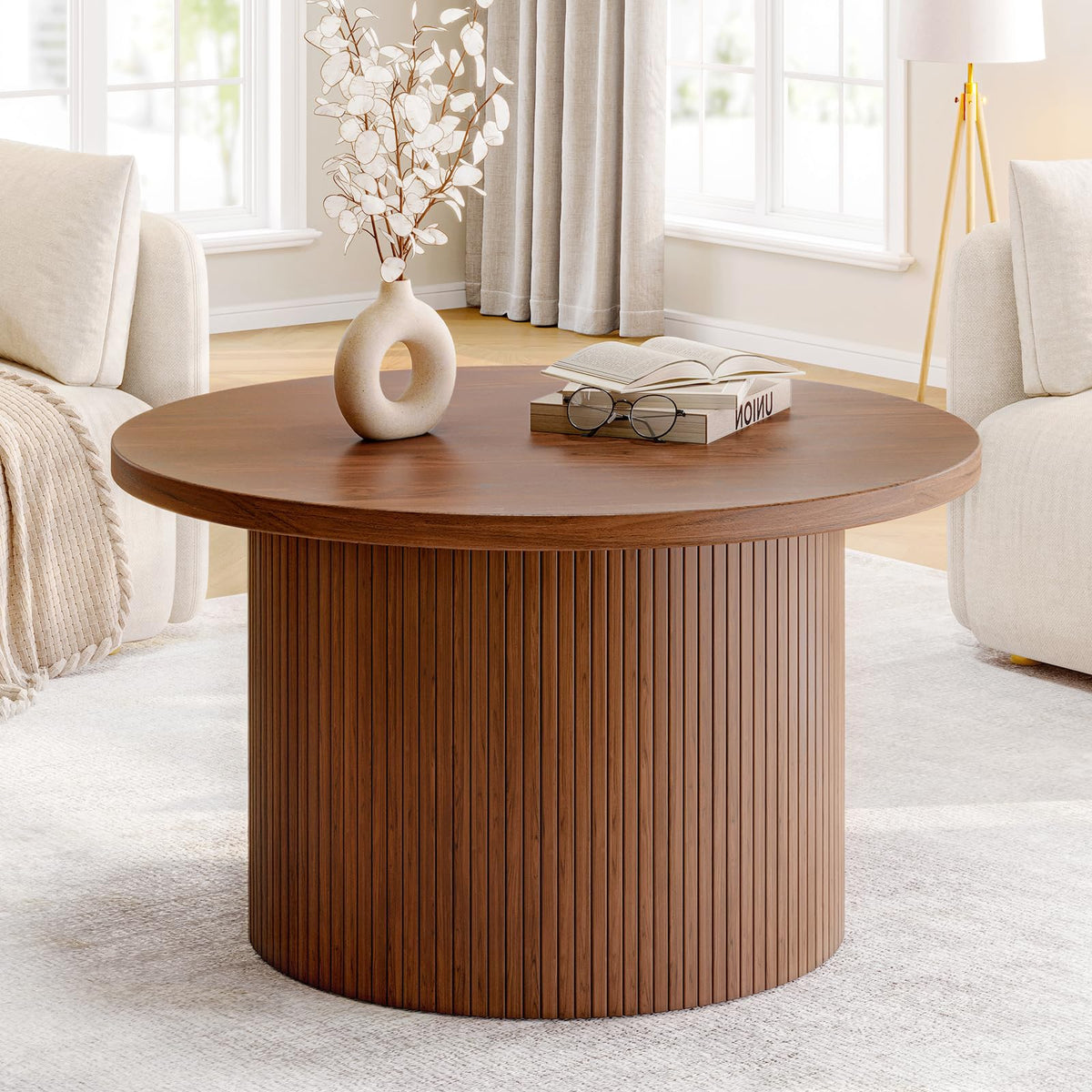 ONBRILL 31.5" Round Coffee Table, Tambour Design Coffee Tables for Living Room, Mid Century Modern Wood Coffee Table, Drum Accent Small Center Table, Walnut