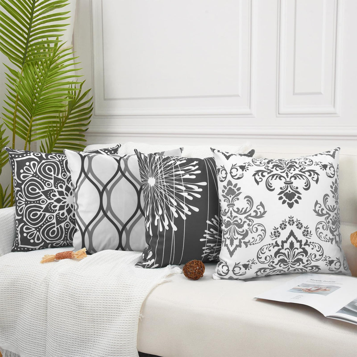 Coliuso Decorative Throw Pillow Covers 18x18 Set of 4, Dark Grey and White Modern Simple Square Pillow Case Cushion Cover for Sofa Couch Farmhouse Outdoor Living Room (Dark Gray and White, 18x18 inch)