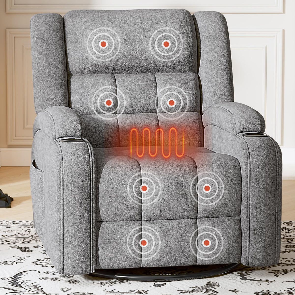 Furnimart 360° Swivel Rocker Recliner with Heat and Massage, Manual Comfy Recliner Chair for Adult, Chenille Glider Rocker Chaise Lounge for Living Room, Bedroom, Home Theater (Gray)