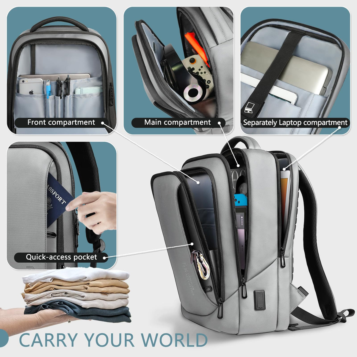 hk Laptop Backpack for Men with USB Charging Port Water-Resistant for 15.6 Inch Computer Bag Durable High-Tech Daypack Casual Backpack for Business Work College Weekender Travel- Grey