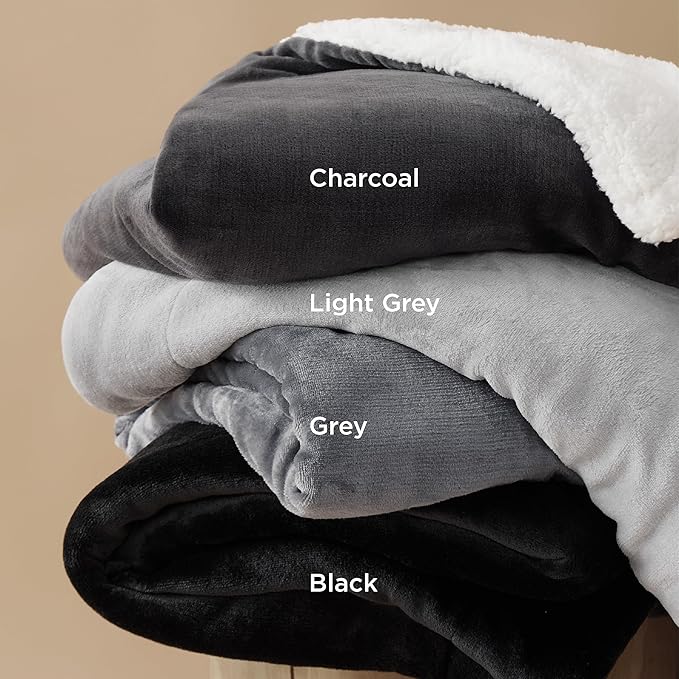 Bedsure Sherpa Fleece Blankets Queen Size for Bed - Thick and Warm, Soft Fuzzy Plush Queen Blanket for Winter, Charcoal, 90x90 Inches