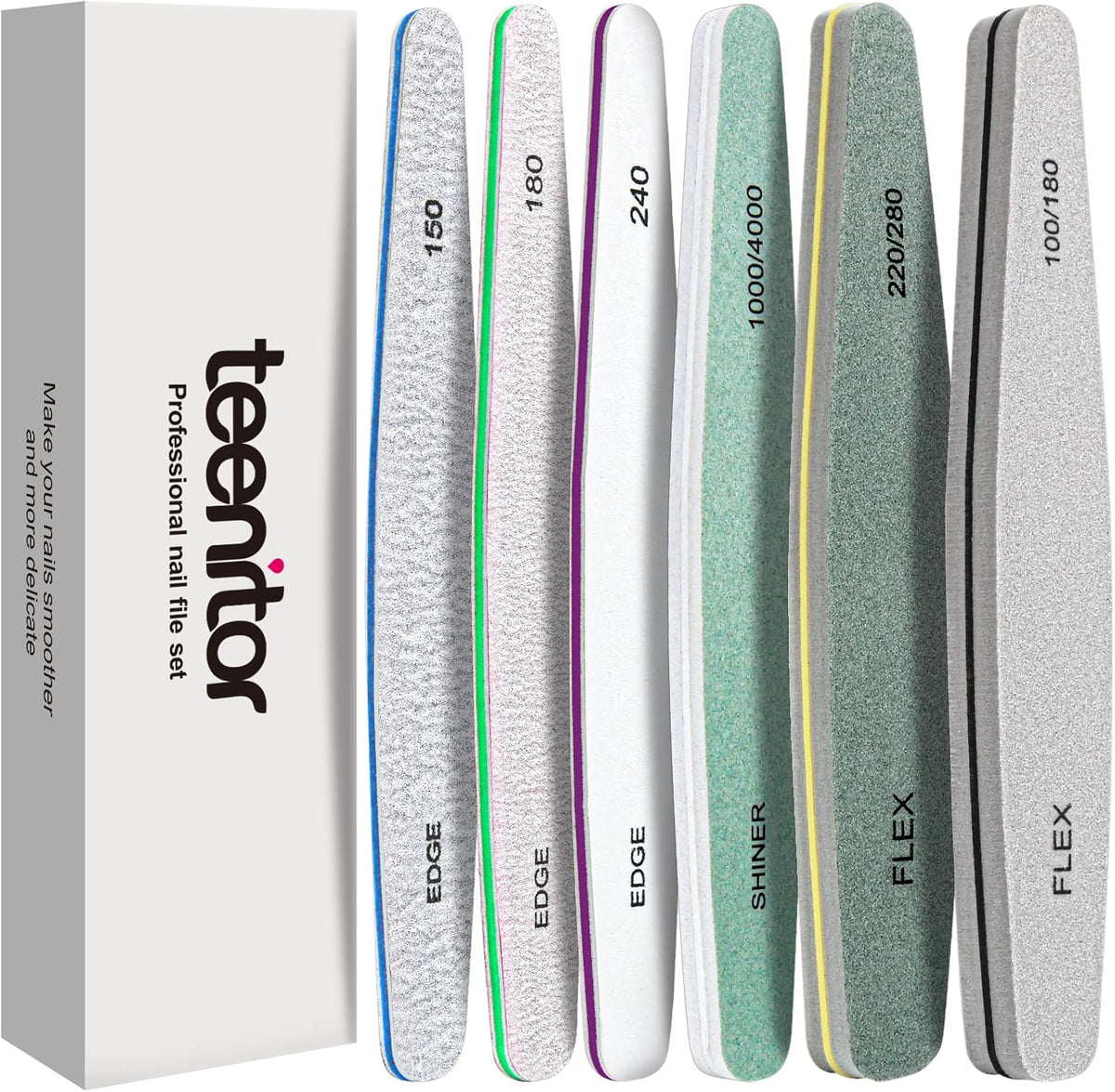 Teenitor Nail File Nail Buffer, 6 pcs Nail Files and Buffers for Natural Nails, Emery Boards for Nails, Nail Buffer and Shine Kit Nail Filer, Nail Buffer Block 100/180 Grit Nail Files Fingernail Files