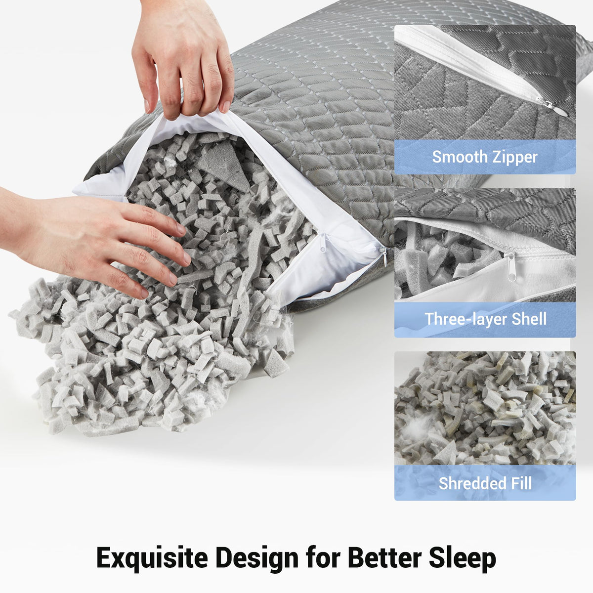 puredown Pillows Queen Size Set of 2, Shredded Memory Foam Pillows, Cooling Foam Pillow for Sleeping, Soft Bed Pillow Queen Size with Adjustable Foam for Side, Back and Stomach Sleepers, Grey