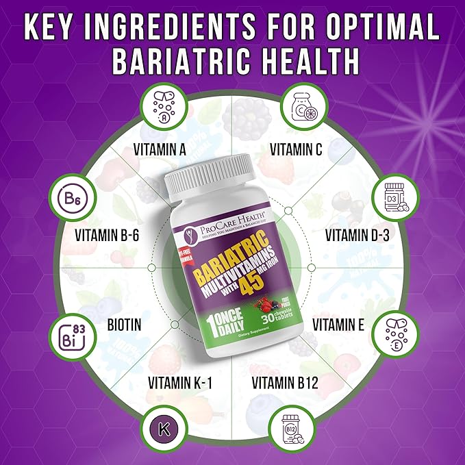 Procare Health Bariatric Multivitamin with Iron 45mg Chewable (30 Tablets) - Fruit Punch Flavor Bariatric Multivitamin Chewable Pills for Gastric Bypass & Sleeve Gastrectomy Patients (01 Month Supply)