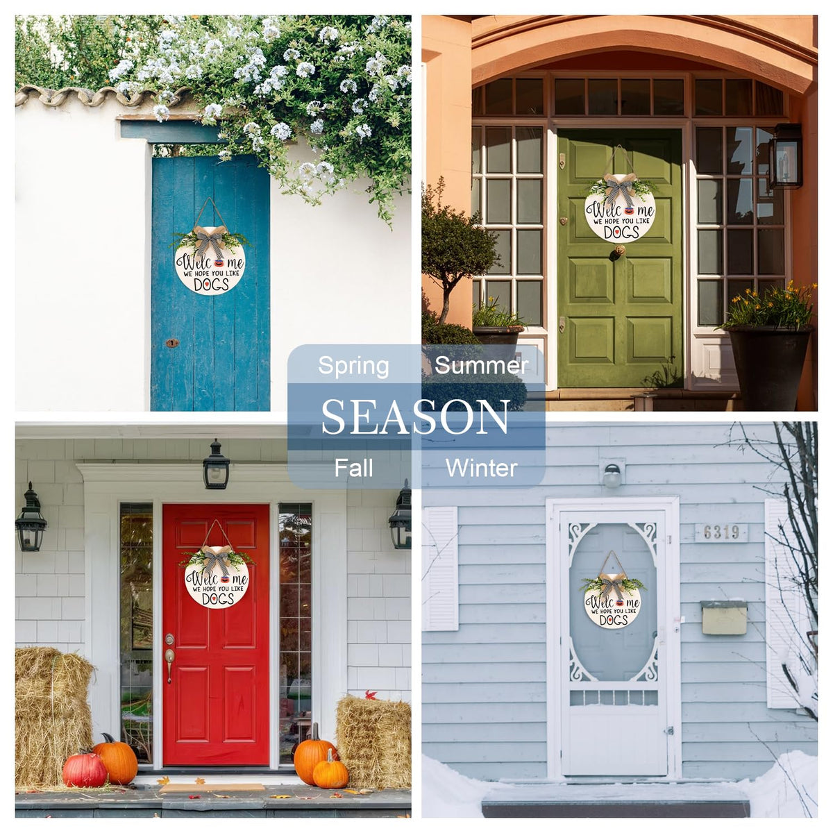 Interchangeable Welcome Wreath Sign for Front Porch Decor -Farmhouse Round Wood Wreaths Wall Hanging We Hope You Like Dogs Signs, Housewarming Gifts for All Seasons Halloween Christmas Home Decoration