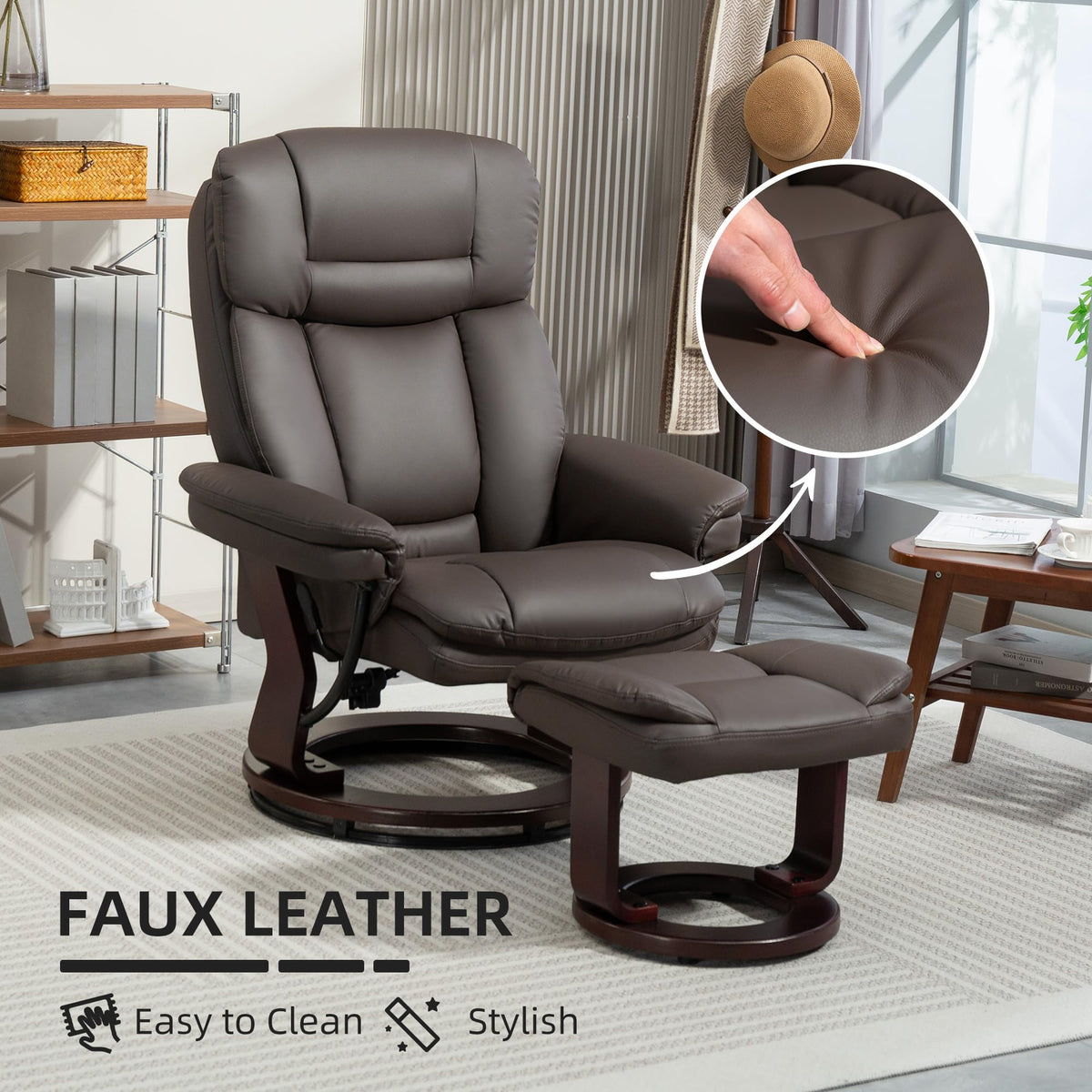 HOMCOM Swivel Recliner Chair with Ottoman, PU Leather Recliner with Adjustable Backrest, Footrest, Wood Base, Upholstered Reclining Chair for Living Room, Bedroom, Office, Dark Brown
