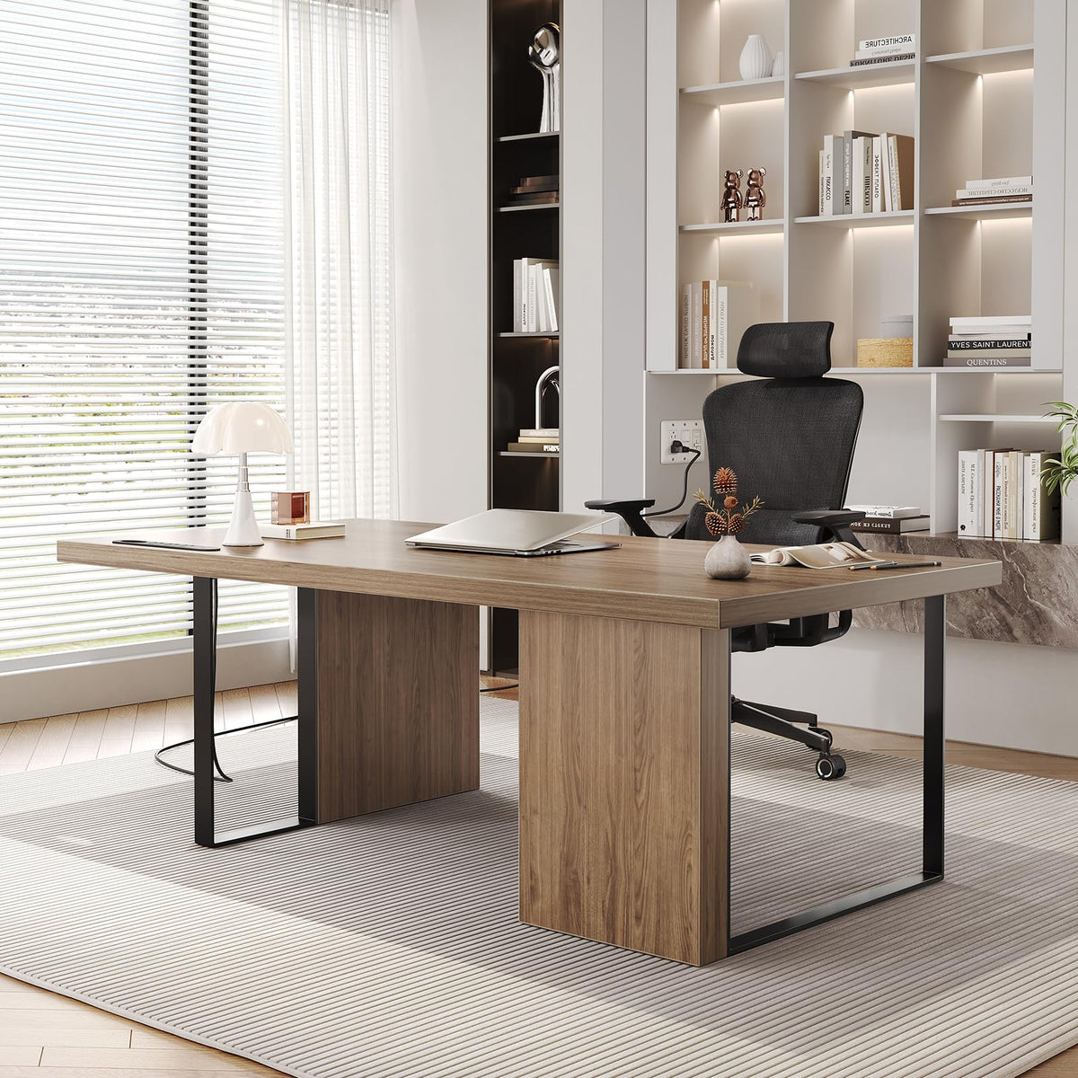 MesaSync 60-Inch Large Executive Desk, Modern Minimalist Wooden Computer Office Desk Workstation with Extra Thick Tabletop and Built-in Power Outlet, Business and Home Office
