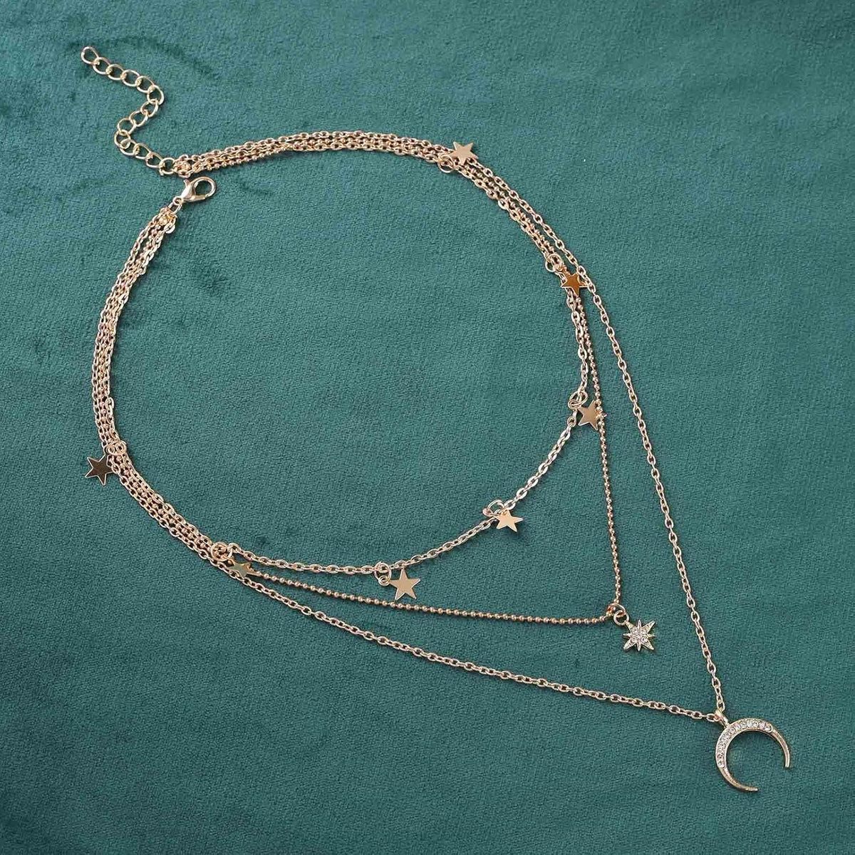 Boho layered moon star choker necklace crystal northstar necklace cz moon pendant necklace gold star dangle necklace jewelry for women