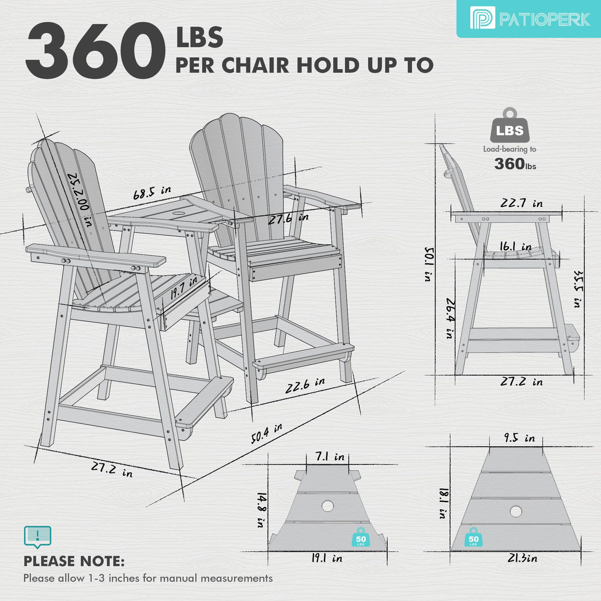 PatioPerk Tall Adirondack Chair Set of 2 with Double Connecting Tray, Recycled HDPE with Wood Grain, Weather Resistant, Outdoor Adirondack Chairs for Deck, Balcony, Patio, Backyard, Black