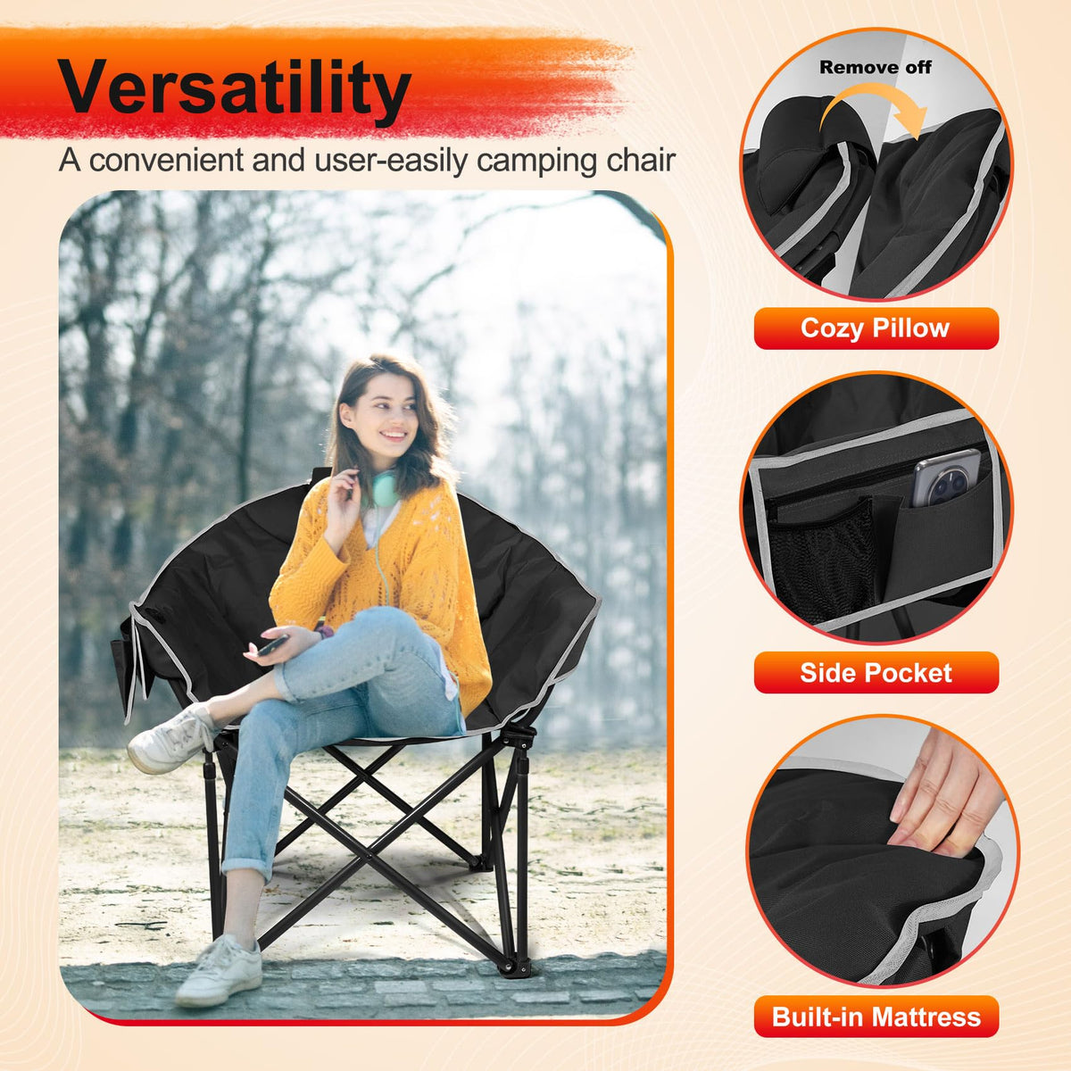 Slendor Oversized Heated Camping Chair with Power Bank, Portable Lounge Lawn Chairs, 3-Level Heats Padded Camping Chairs with Pillow, Storage Bag,10S Quick Heat, Extra Large, Supports 440lbs, Black