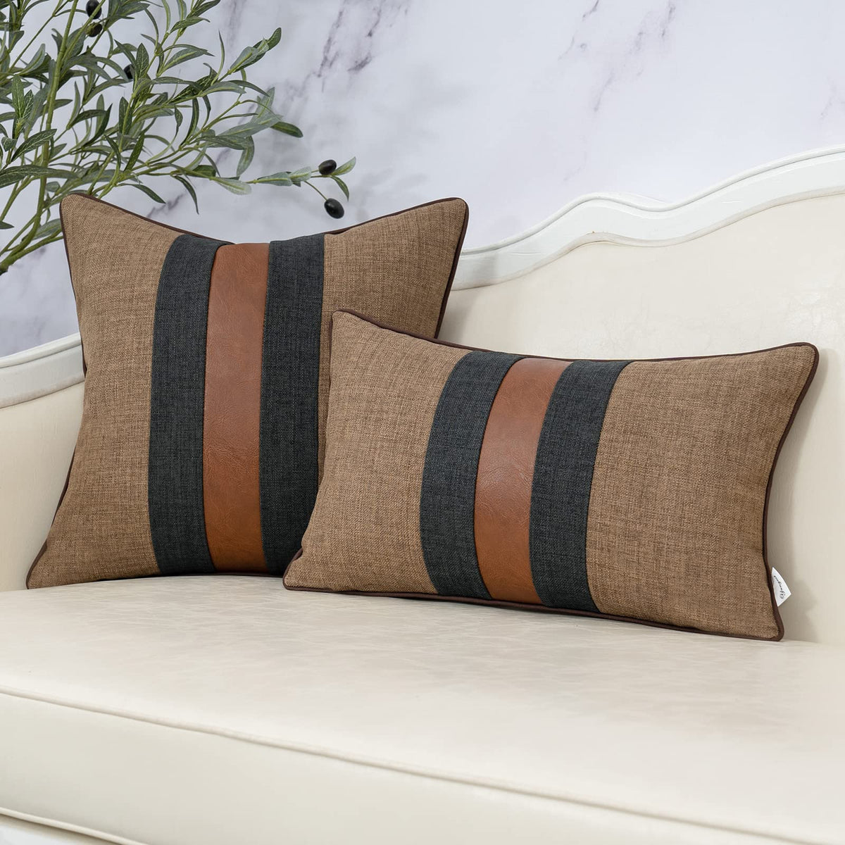 Yangest Patchwork Pillow Cover 12x20 Inch Luxury Cotton and Linen Cushion Cover Faux Leather Pillowcover for Couch Bedroom Living Room, Brown