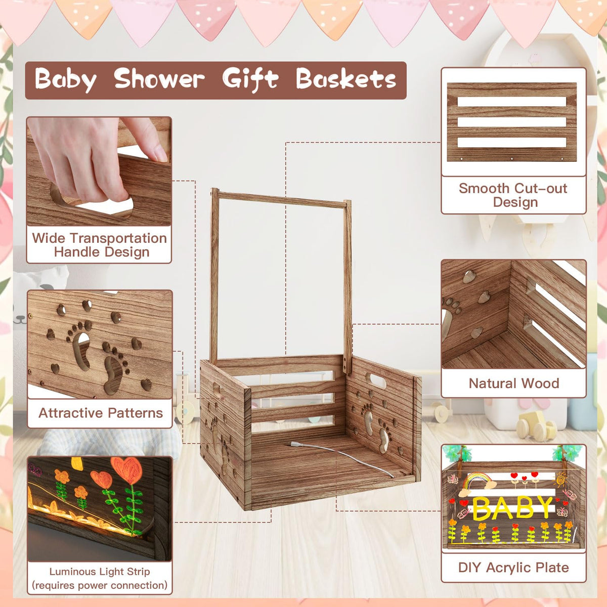taessv Baby Shower Crate Closet Wooden Baby Shower Basket for Newborn Boys Girls Distinctive Baby Storage Basket with Light Up Welcome Baby Gift for New Parents (Brown)
