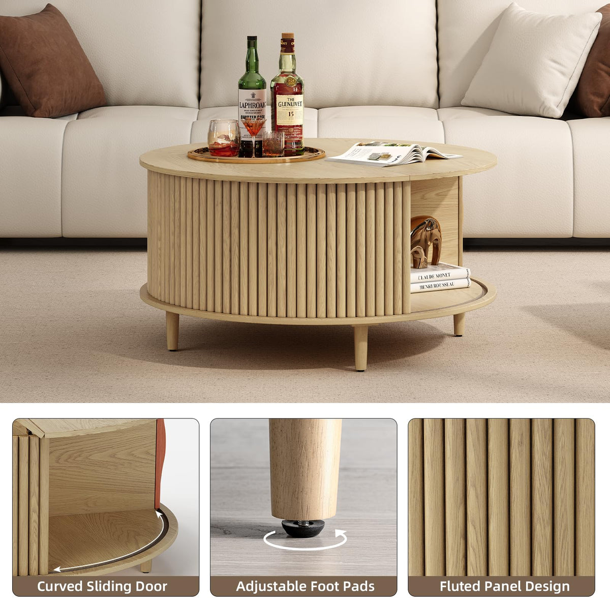 JOINICE,Round Coffee Table with Storage,Fluted Lift Up Coffee Table with Sliding Cabinet Door for Living Room,Home Small Space,31.5" Drum Center Table,Oak