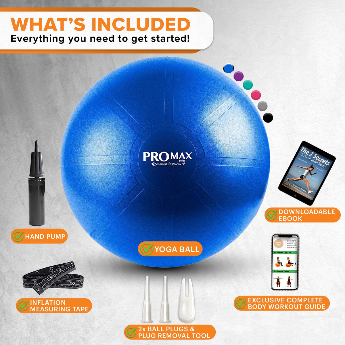 SmarterLife PRO MAX Exercise Ball for Stability Workout, Fitness, Pregnancy, Yoga, Pilates, Home Gym, Physical Therapy, Birthing, Balance Ball Chair (65 cm, Blue)