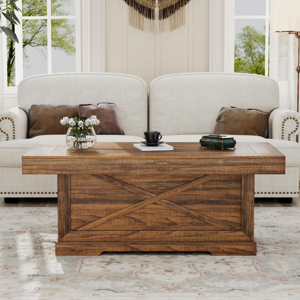 Lareth Coffee Table 39 in Rustic Center Table with X-Design Wooden Pedestal for Living Room, Space Saving, Easy Assembly Rectangle Home Office Tea Accent Table for Dining Room Apartment, Walnut