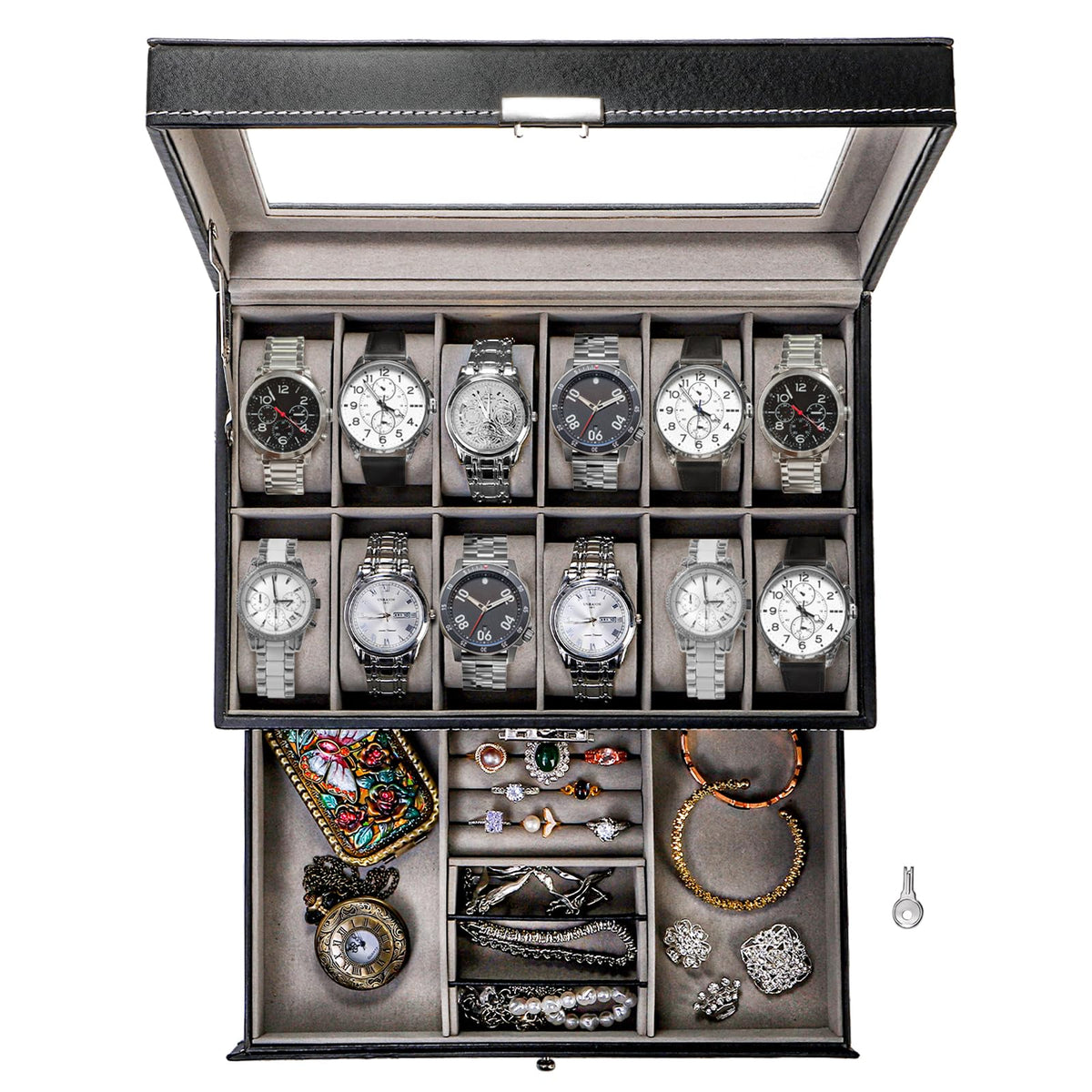Tebery 12 Slot Watch Box Case Lockable with Glass Lid, 2 Layers Watch Holder Organizer Display with 1 Drawer for Rings and Bracelets, Gifts For Boyfriend Fathers Day Birthday (Black)