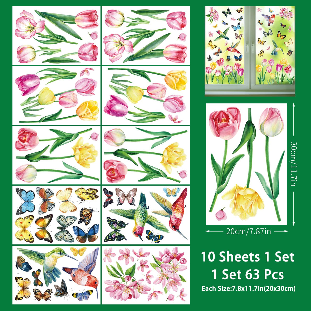 wraphay Spring Window Clings Decorations, 9 Sheets Spring Summer Window Clings for Glass Windows Double-Sided Bird Gel Stickers Decals for Home Party Shop Office School Decor Supplies