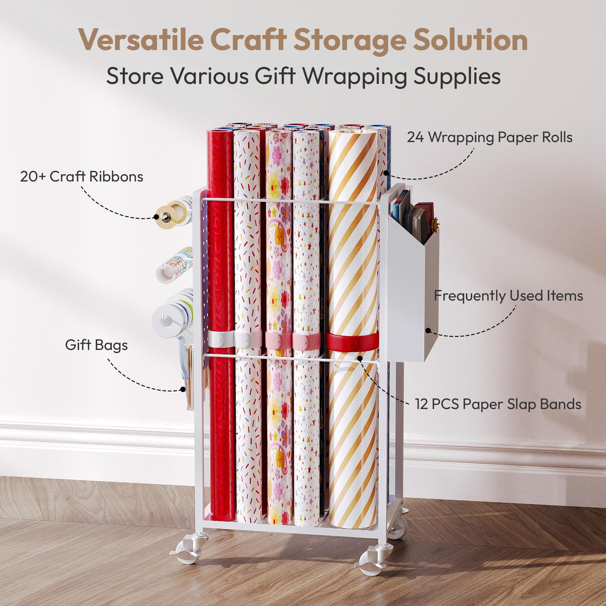 Sunnacate Wrapping Paper Organizer Cart with 12PCS Slap Bands, Rolling Gift Wrapping Organizer Storage Wrapping Paper Station Ribbon Holder, Blueprint Poster Holder, Craft Organizers and Storage