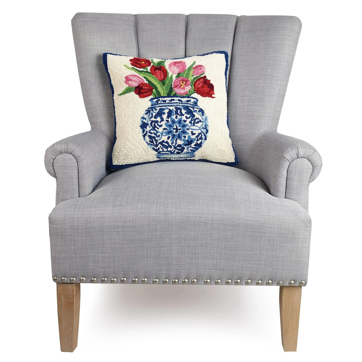Peking Handicraft 30SER515AC16SQ Chinoiserie Vase Tulips Hook Pillow, 100% Wool and Cotton