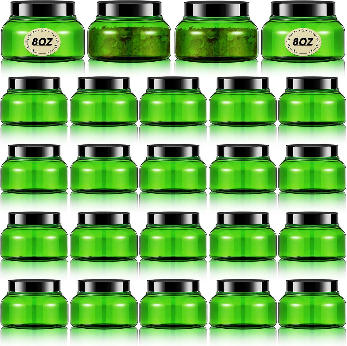 Tessco 24 Pack Plastic Jars with Lids Labels Empty Clear Plastic Jars Round Refillable Cosmetic Containers Body Butter Containers Bulk Sugar Scrub Bottle for Make Up(8 oz,Green, Black)
