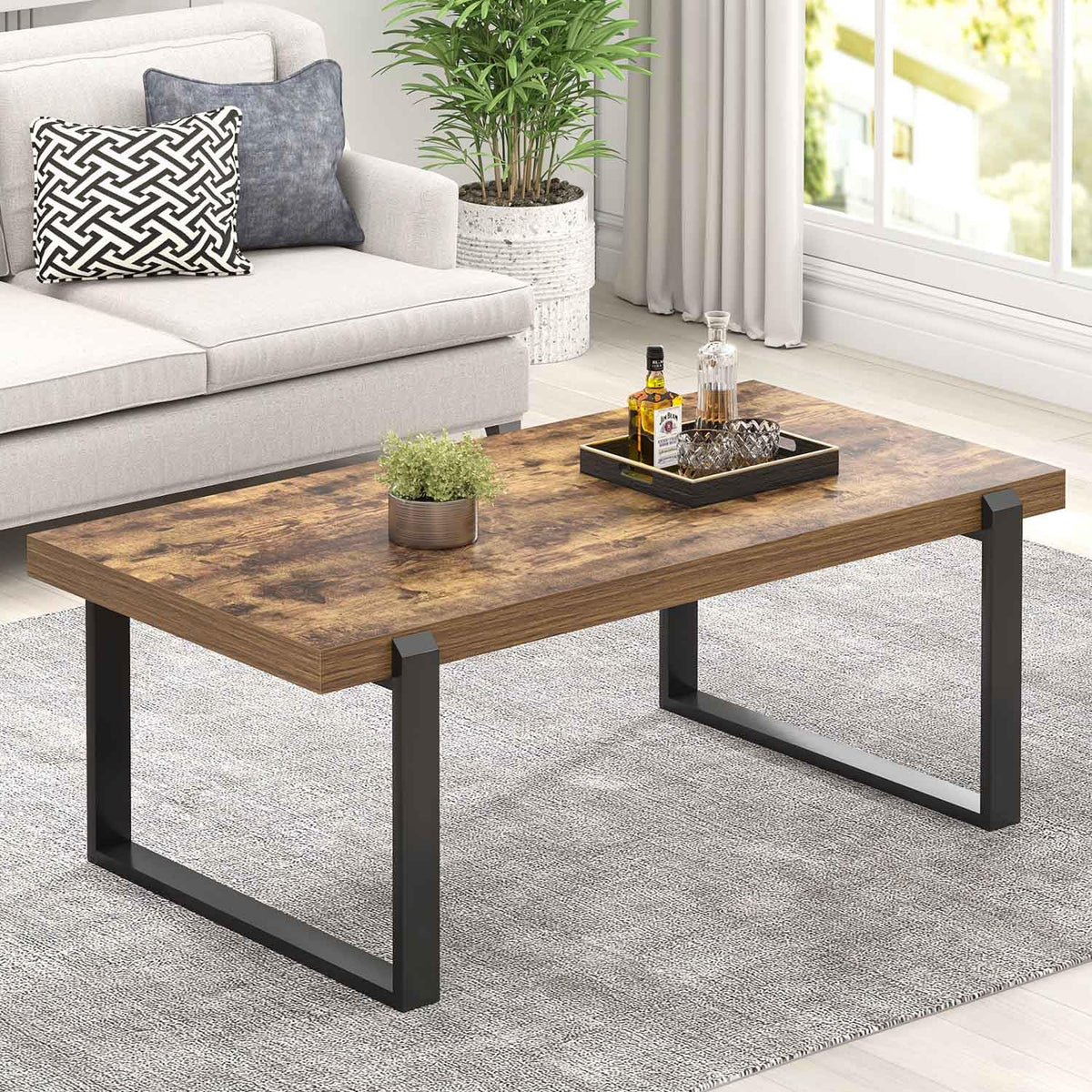 FOLUBAN Coffee Table, Modern Rustic Wood and Metal Center Table, Industrial Rectangle Cocktail Tea Table for Living Room, Brown, 47 Inch