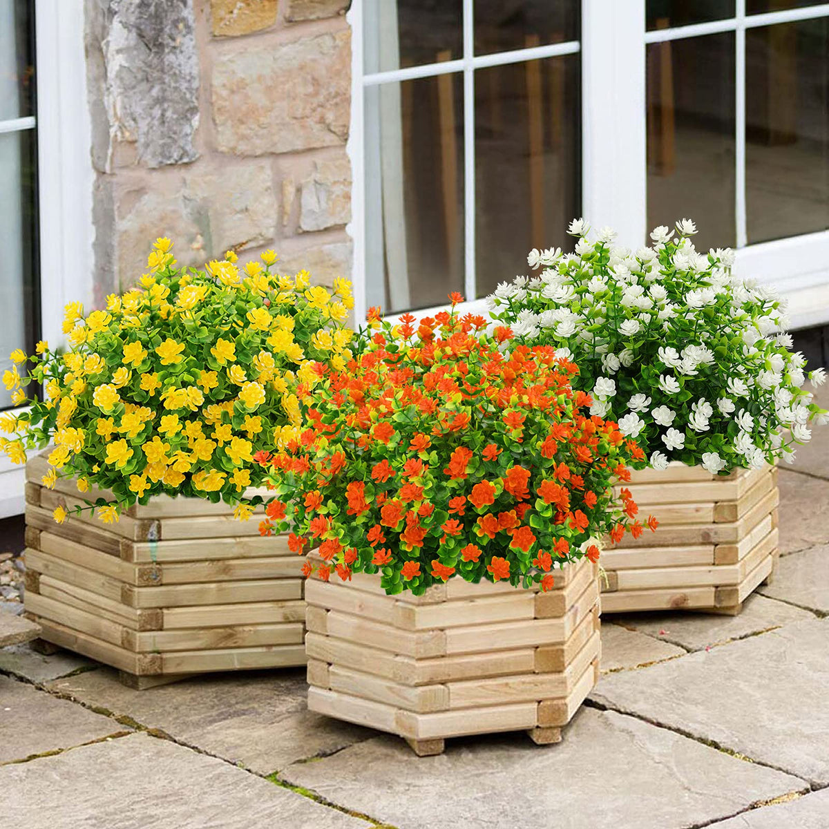 GREENRAIN Artificial Flowers Outdoor Fake Flowers for Decoration UV Resistant No Fade Faux Plastic Plants Garden Porch Window Box Décor (6 Bundles, 4#White)