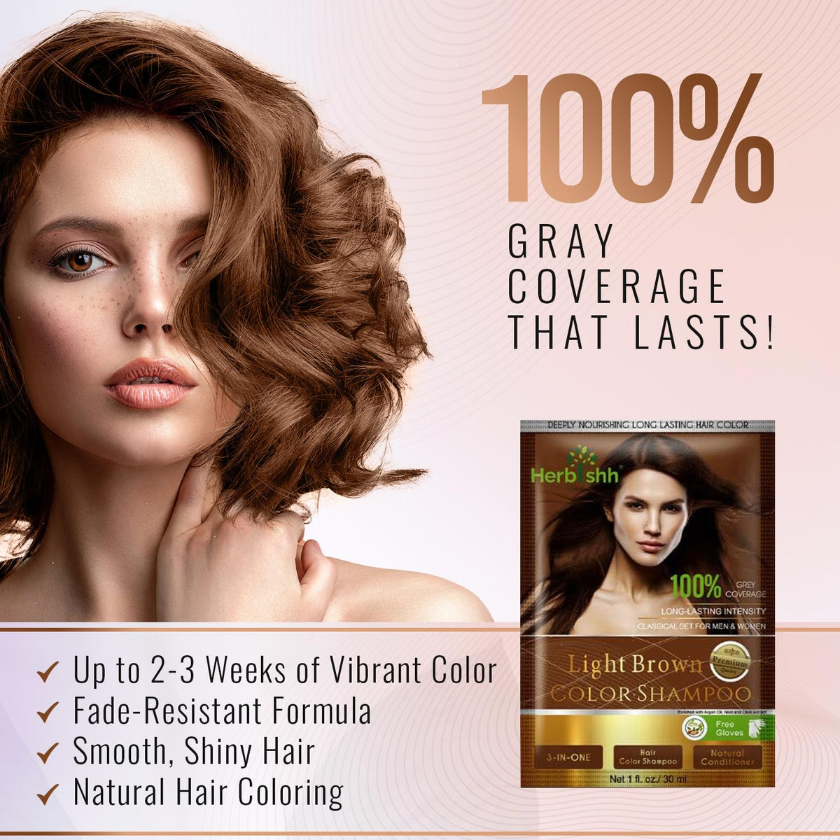 Herbishh Hair Color Shampoo for Gray Hair–Natural Hair Dye Shampoo with Argan Hair Mask–Travel size-Colors Hair in Minutes–Long lasting colour–10pack+1pack–Ammonia-Free (Light Brown)