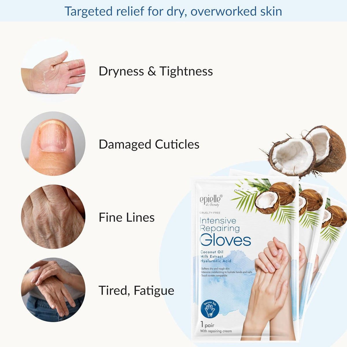 Epielle Intensive Repairing Hand Masks 6 Pairs, Deep Moisturizing Gloves for Dry, Cracked Hands, Repair with Coconut Oil & Milk Extract, Korean Skin Care, Spa Set, Self Care Gifts for Women
