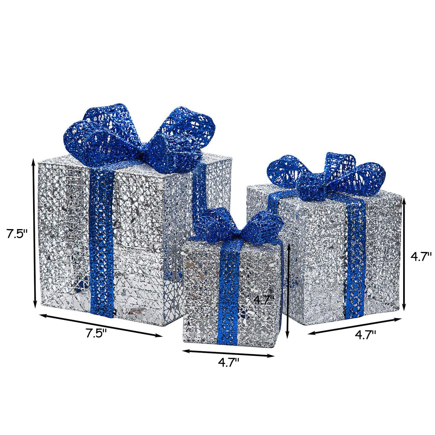 Sunnyglade 7.5”-5.9”-4.7” Set of 3 Christmas Lighted Gift Boxes with Plug for Christmas Decor, Weddings Yard Home Holiday Art Decorations (Silver)