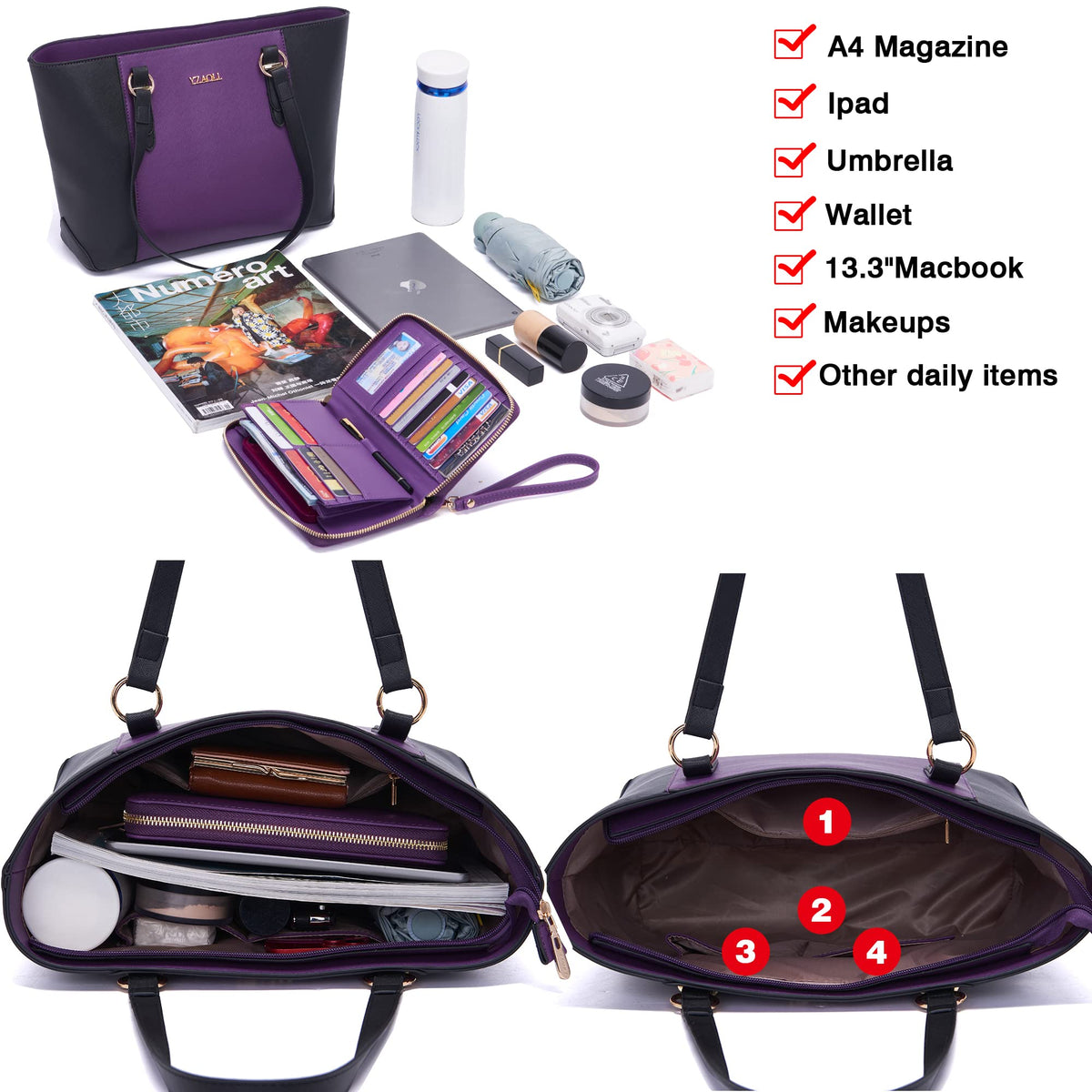Purses for Women Large Tote Shoulder Color Blocking Handbags Top Handle Satchel Women Purse Wallet set 2pcs PurpleBlack