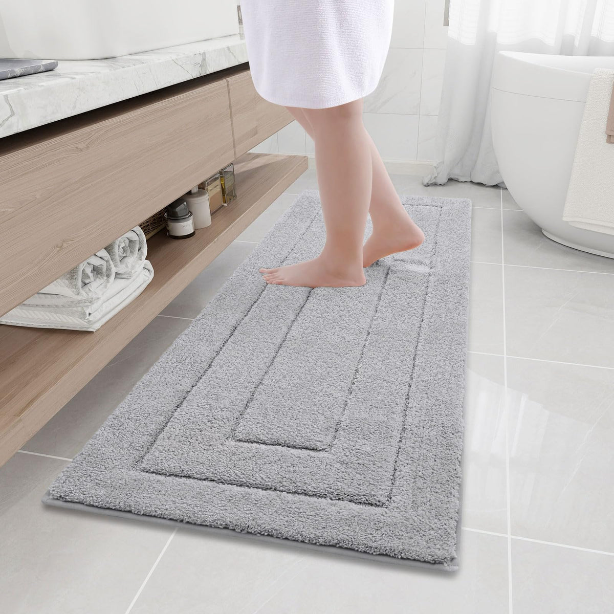 Buganda Bathroom Rugs, 59" x 20", Soft and Absorbent Microfiber Bath Rugs, Non-Slip Shaggy Shower Carpet, Machine Wash Dry Bath Mats for Bathroom Floor, Tub and Shower, Grey