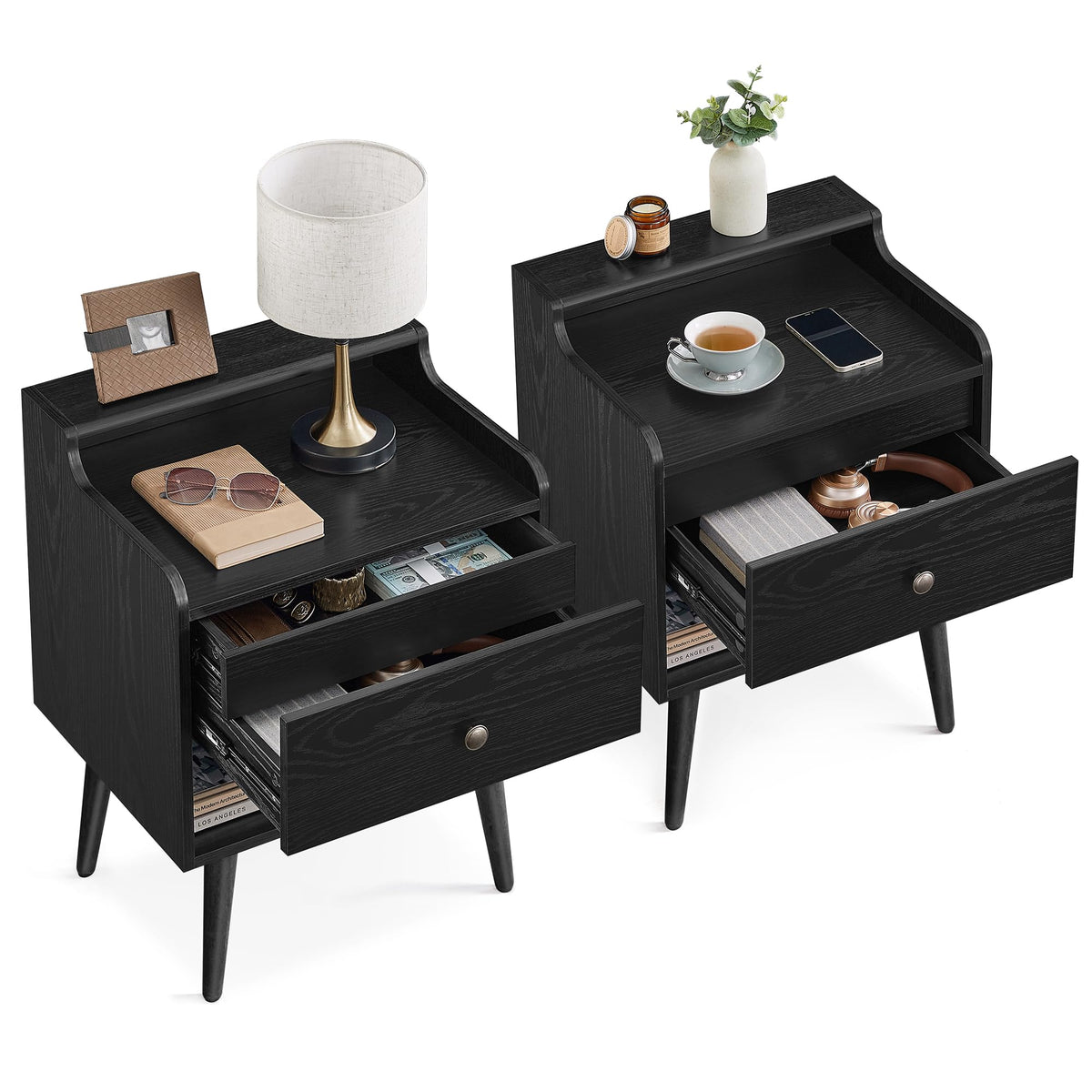 VASAGLE Nightstands, Set of 2, Bedside Tables with Hidden Drawers, Mid-Century End Side Tables with Solid Wood Legs, for Bedroom, Ebony Black ULET624B01