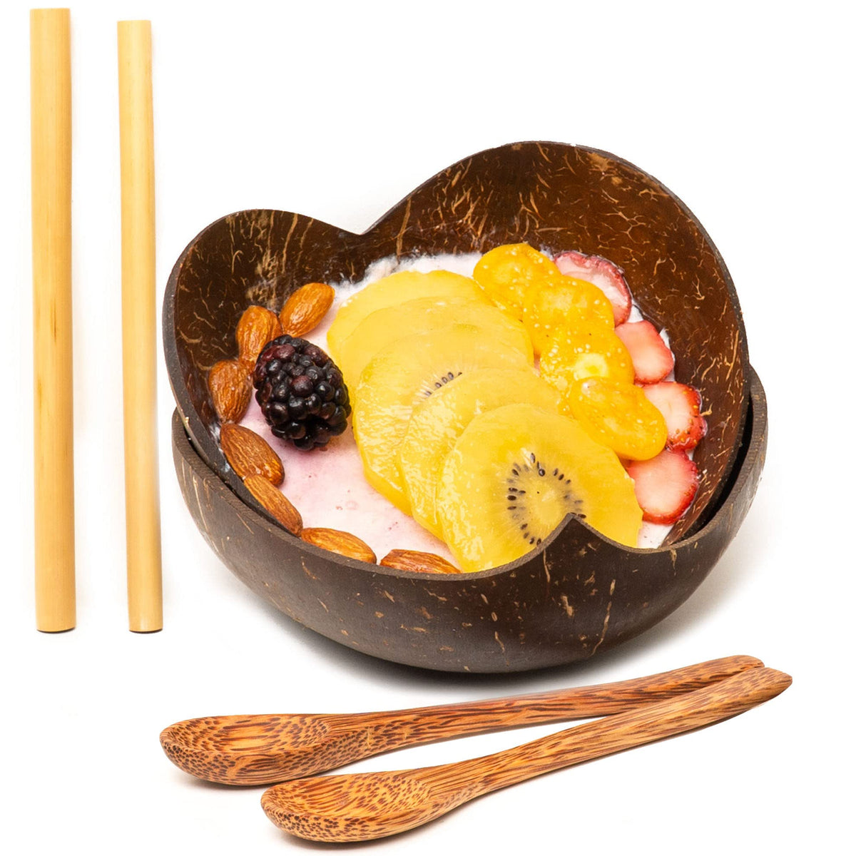 Rainforest Bowls Set of 2 Jumbo Heart Coconut Bowls, 2 Wooden Spoons & 2 Reusable Bamboo Straws - 100% Natural, Hand Carved by Artisans, Eco-Friendly & Sustainable - Smoothie/Acai/Salad Bowls