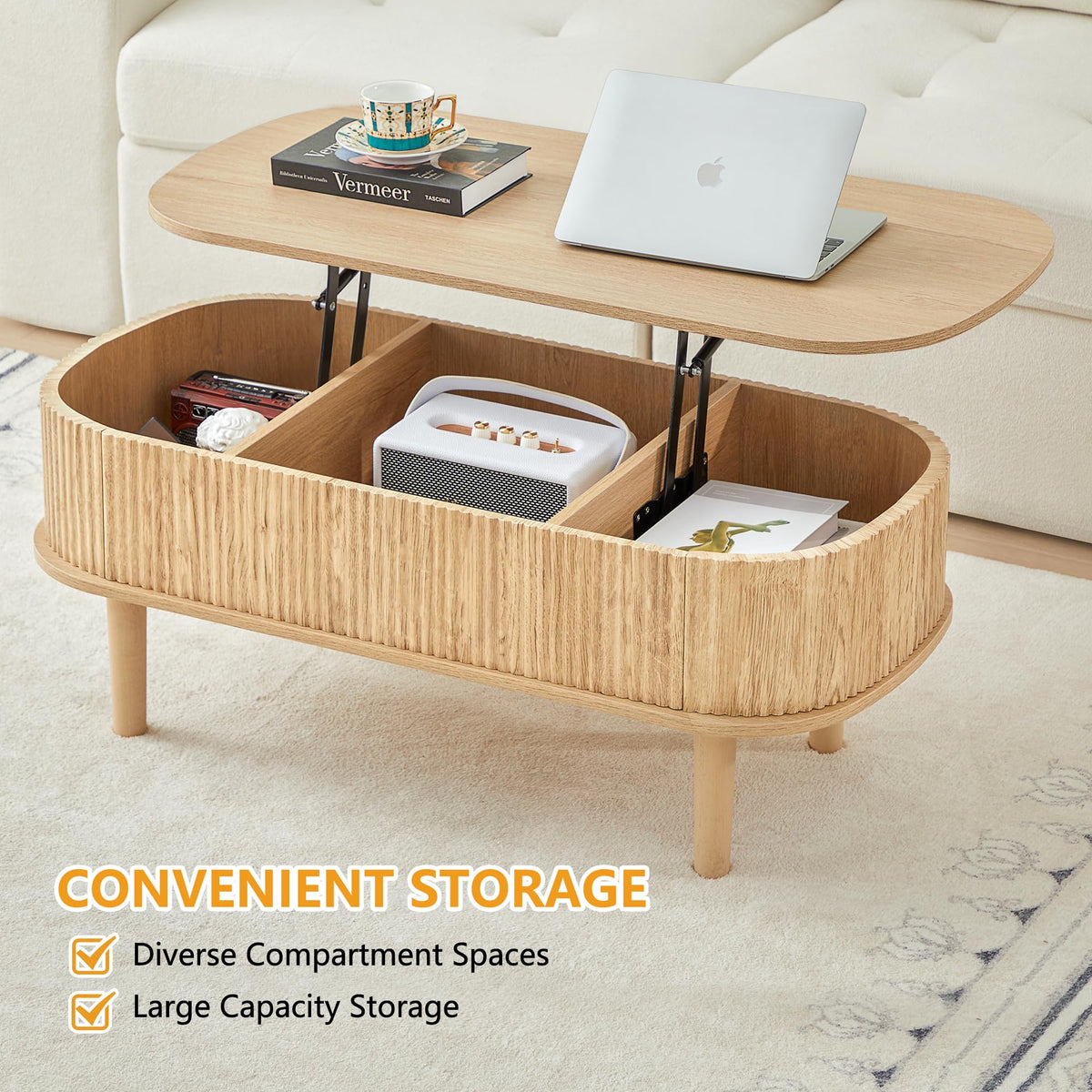 Fluted Lift Top Coffee Table with Hidden Compartment, Fully Assembled Wooden Center Table, Modern Oval Lift Tabletop for Home Living Room Office, Natural