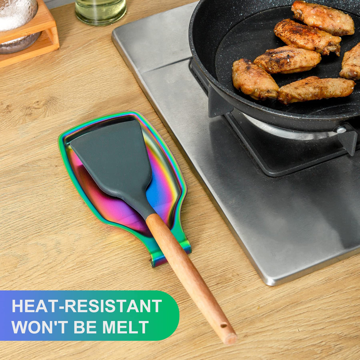 BETTWILL Rainbow Spoon Rest for Stove up, Stainless Steel Spoon Holder For Kitchen Counter, Large Spoon Rest, Spatula Spoon Ladle Utensil Holder, Dishwasher Safe, Rainbow Kitchen Accessories