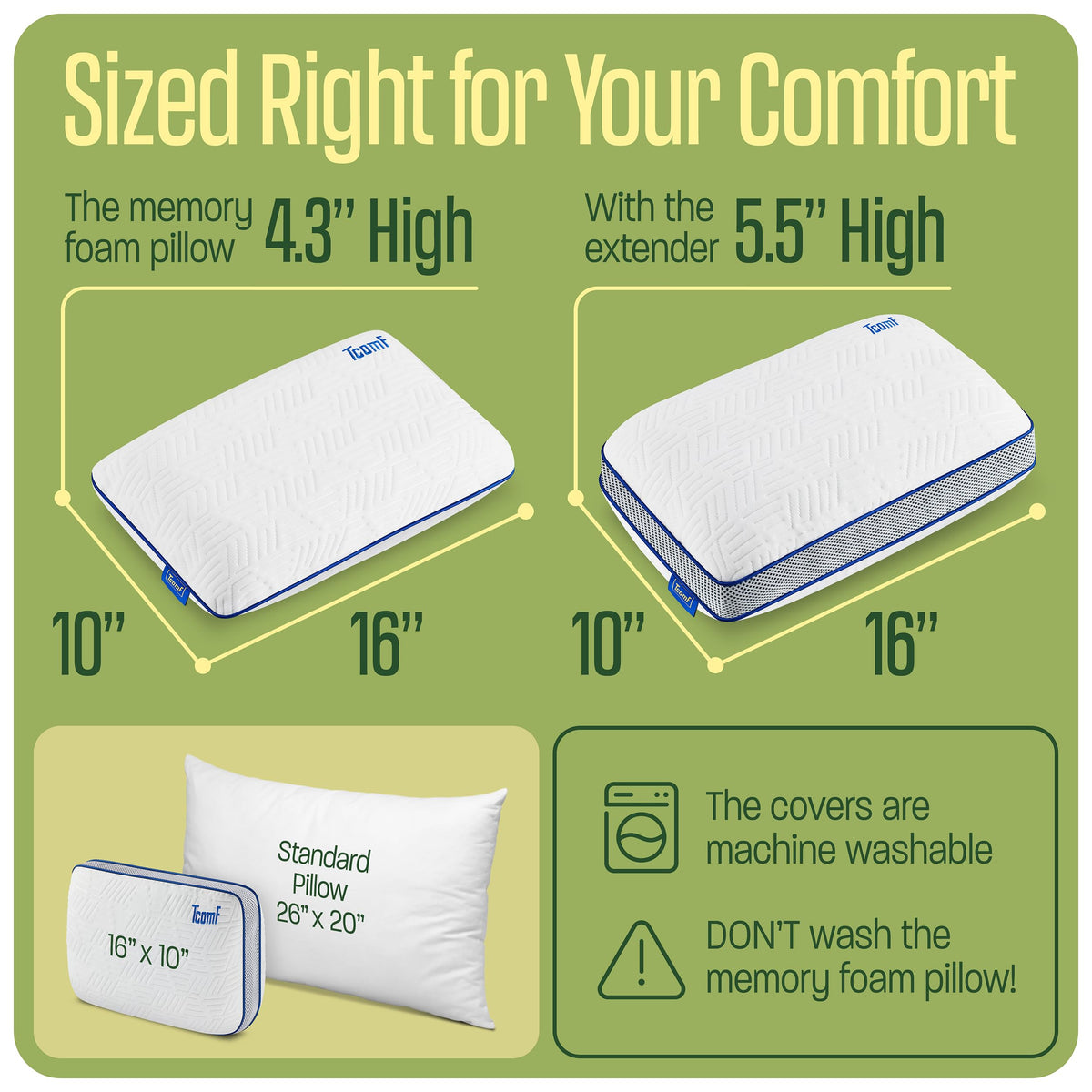 TCOMF Camping Pillow: Dual Cover, Memory Foam Travel Pillow, Medium Firm Camp Pillow, Camping Pillows for Sleeping, 5 Layers for Support, Small Travel Pillow,Small Portable Pillow 10x16 Inches (White)