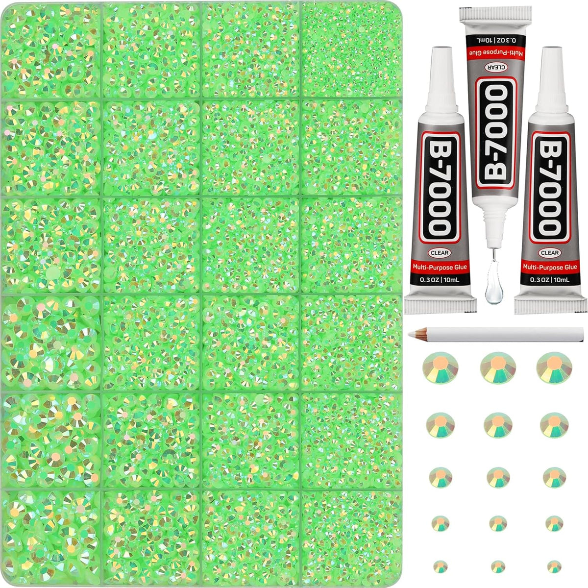 30000Pcs Resin Jelly Rhinestones Set for Crafting Bedazzling, Neon Lime Green AB Flatback Gems Jewels for Crafts Clothes Shoes Fabric Outfit Makeup, Flat Back Crystal 2-6mm with b 7000 Glue